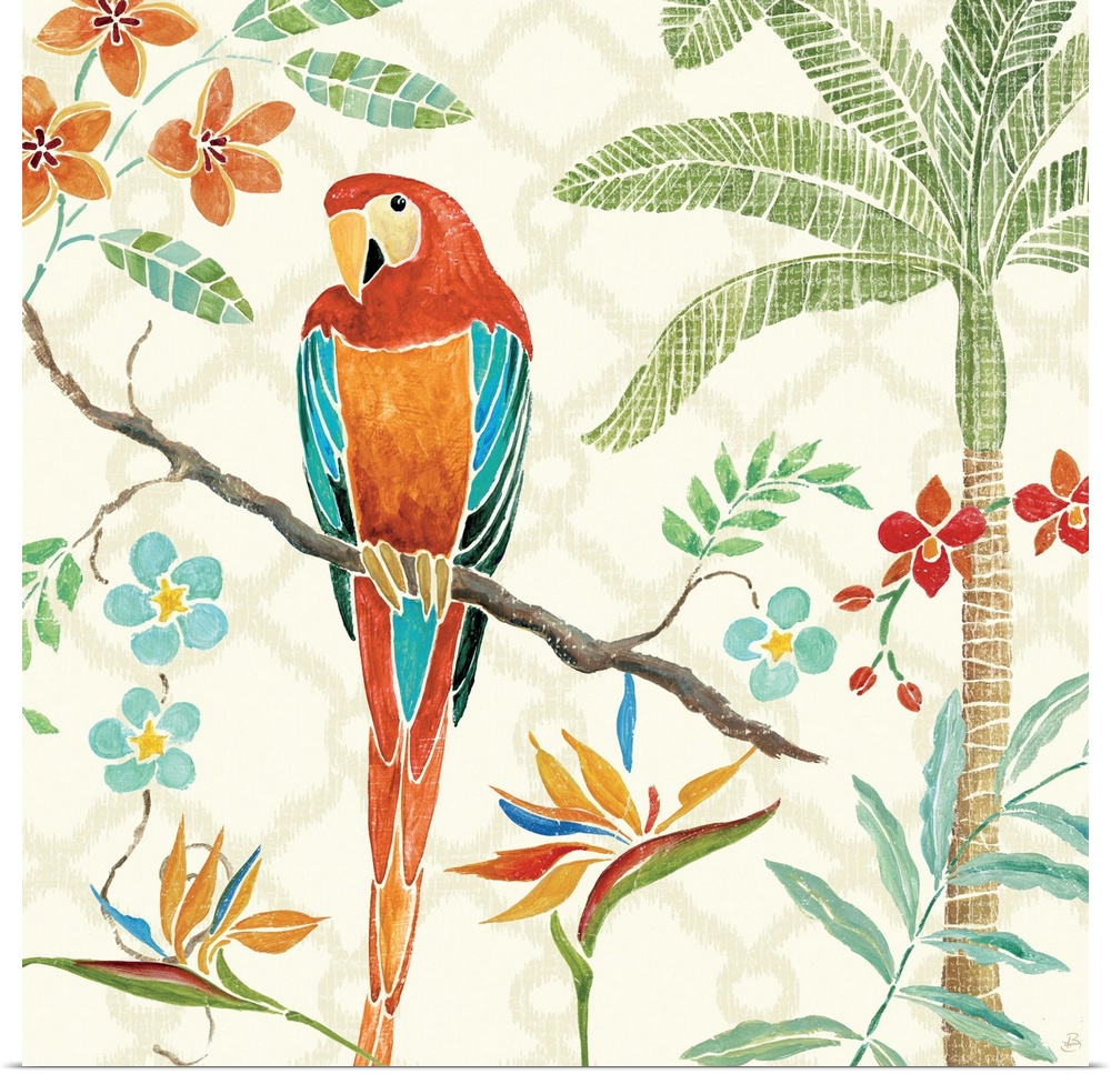 Contemporary painting of a brightly colored parrot perched on branch, surrounded by flowers.