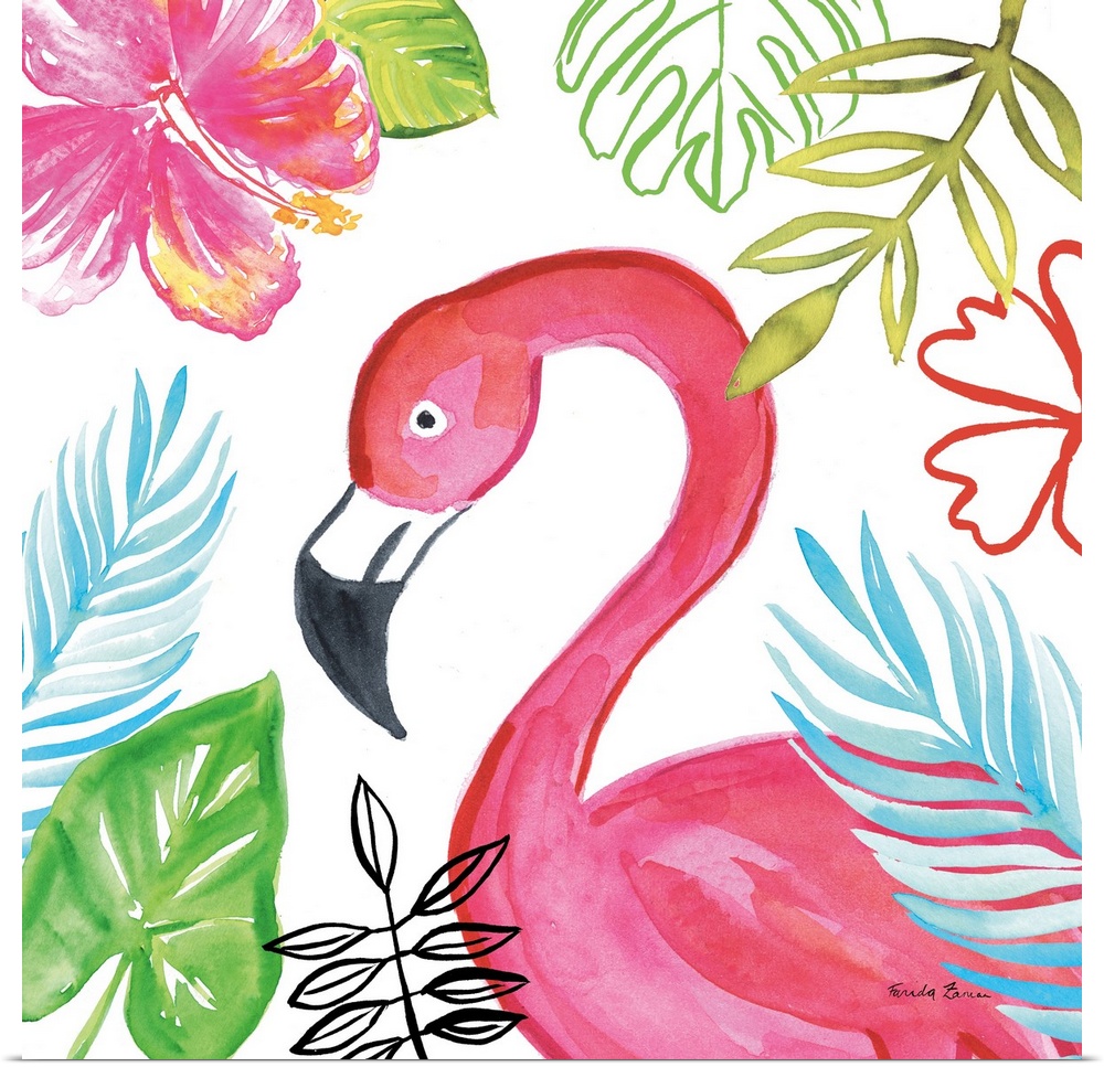Vibrant painting of a flamingo surrounded by tropical plants and flowers on a white square background.