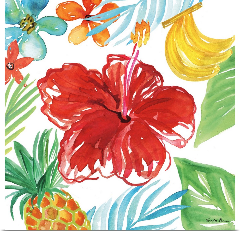 Vibrant painting of a red flower surrounded by tropical plants, flowers, and fruit on a white square background.