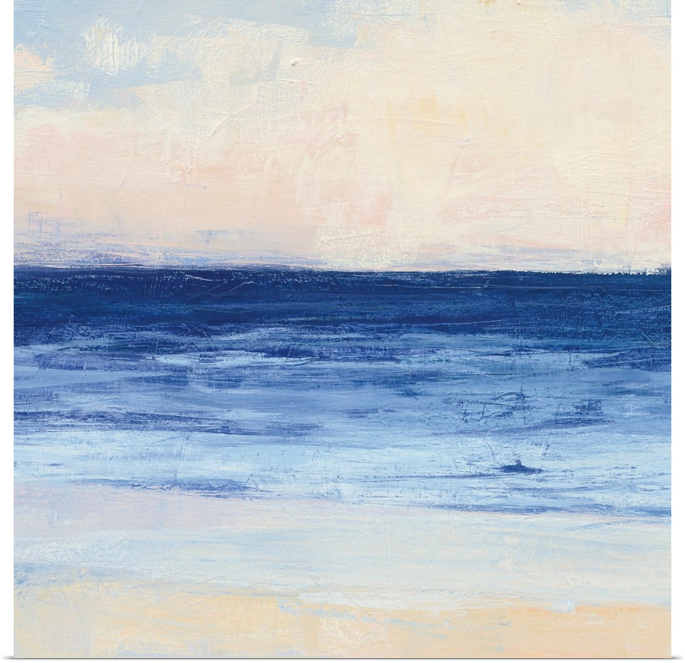 Contemporary coastal themed painting of a calm sea seen from a beach shoreline.