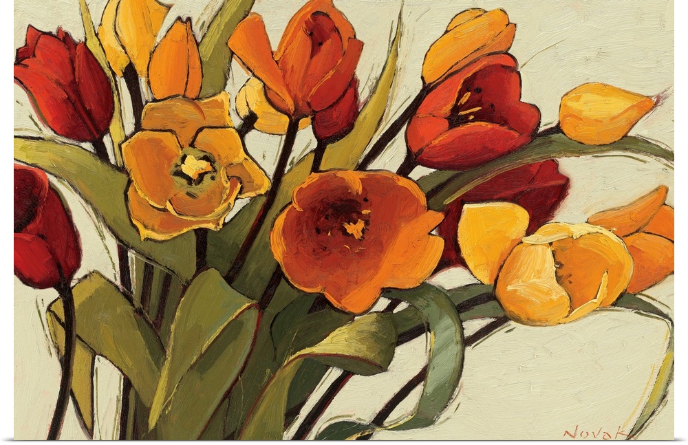 A horizontal painting that is a close up of a floral arrangement with warm, sunshiny colors.