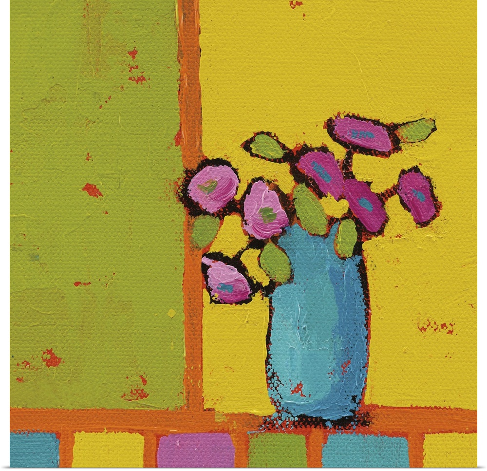 Bright square abstract painting of a turquoise vase filled with pink flowers on a multicolored background.