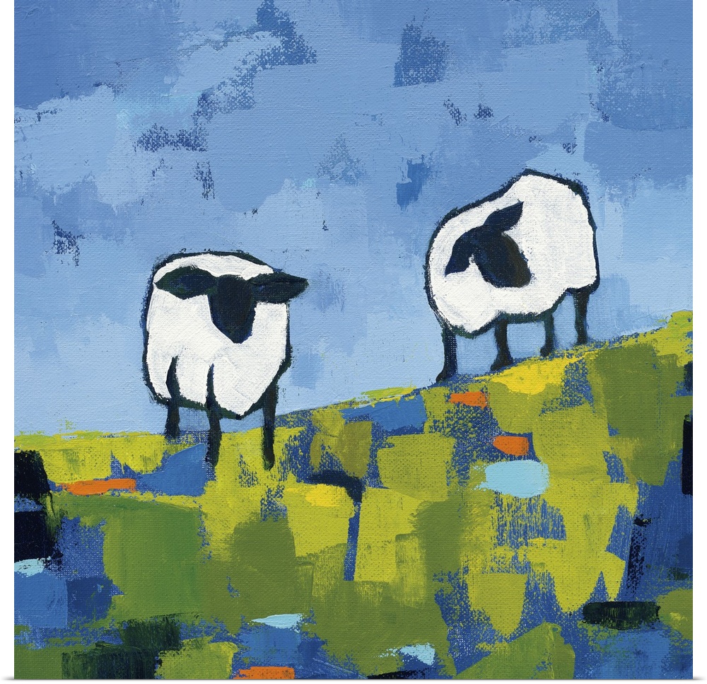 Cool toned square abstract painting of two sheep standing on a hill made out of short blue, green, and orange brushstrokes.