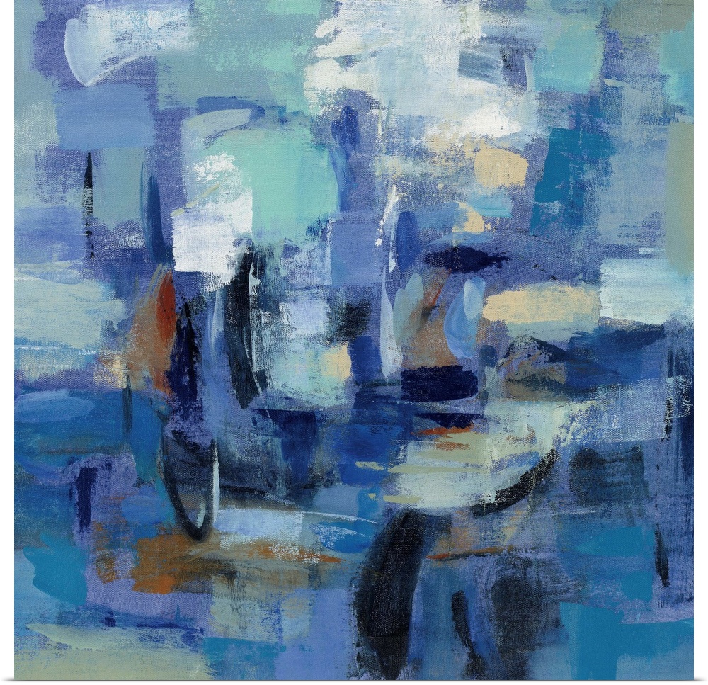 Contemporary abstract painting using a multitude of blue tones and bold textures.