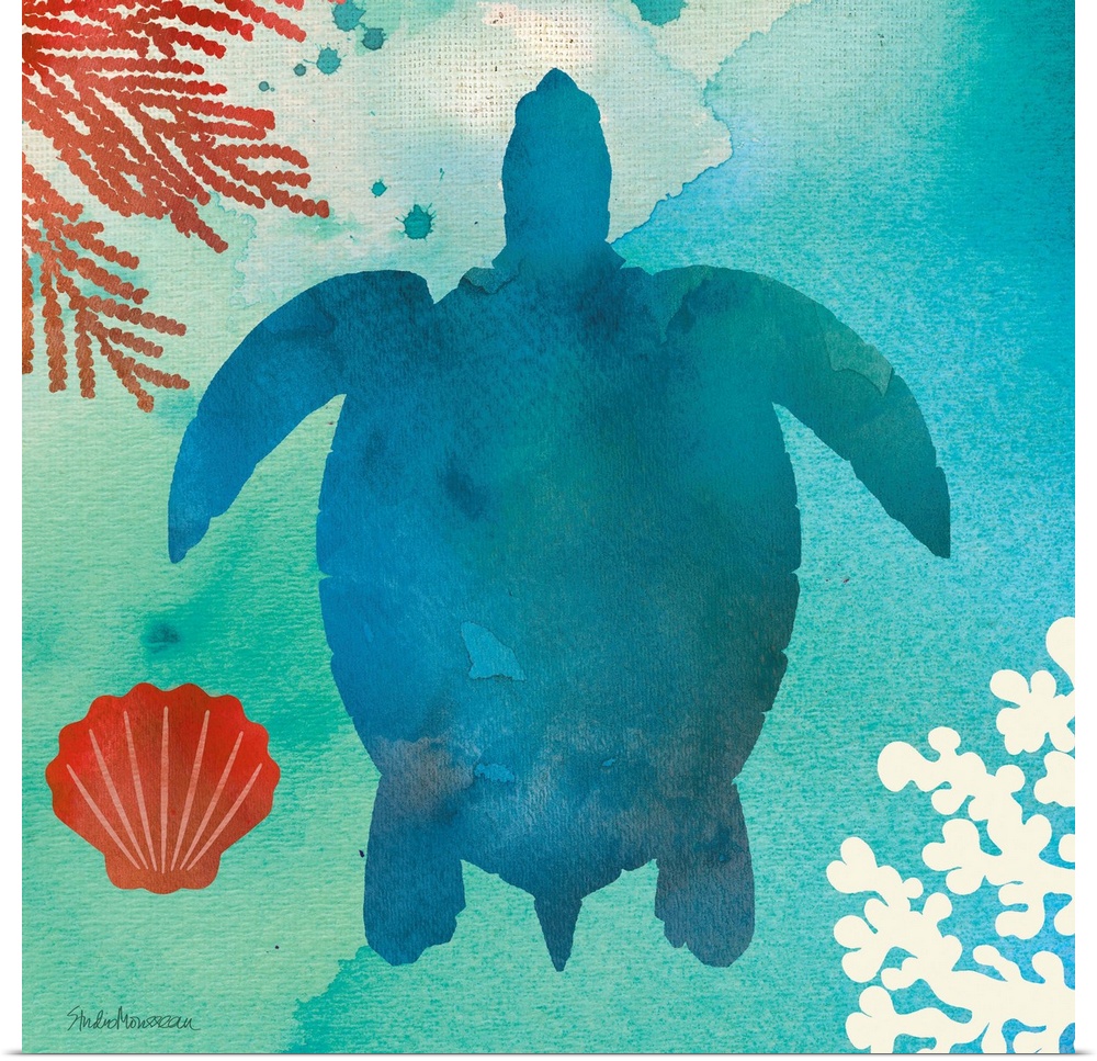 A square contemporary watercolor design of a blue sea turtle with ocean elements.