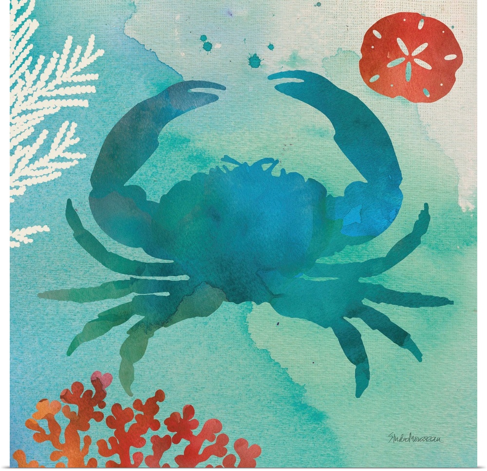 A square contemporary watercolor design of a blue crab with ocean elements.