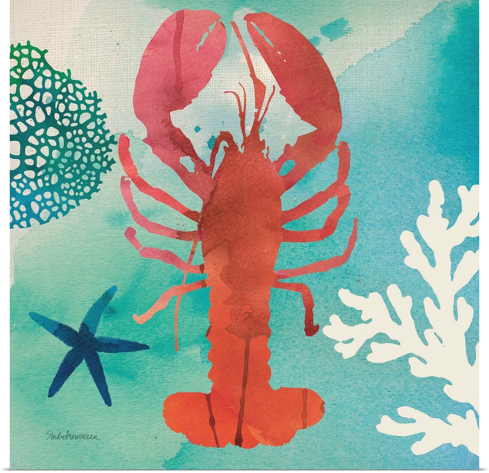 A square contemporary watercolor design of a red lobster with ocean elements.