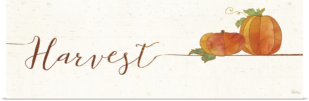 Horizontal artwork of "Harvest" in handwritten text with a pair of pumpkins.