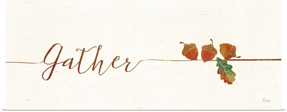 Horizontal artwork of "Gather" in handwritten text with a a few acrons.