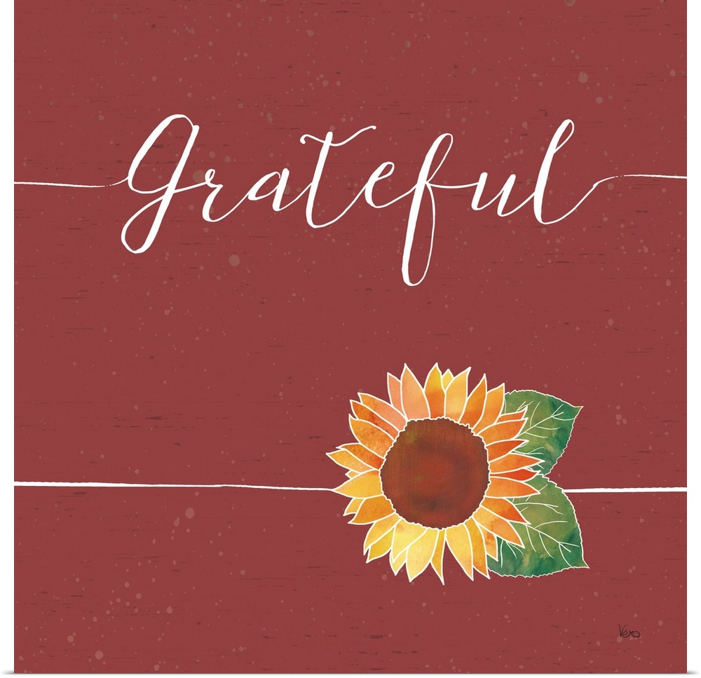 "Gratetful" with a sunflower on a wood textured red background.