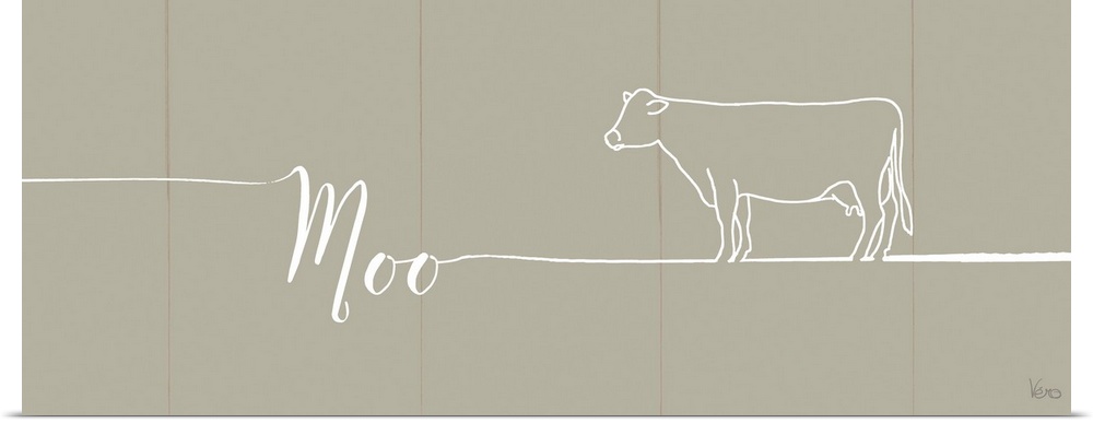 "Moo" with the outline of a cow on a beige plank background.