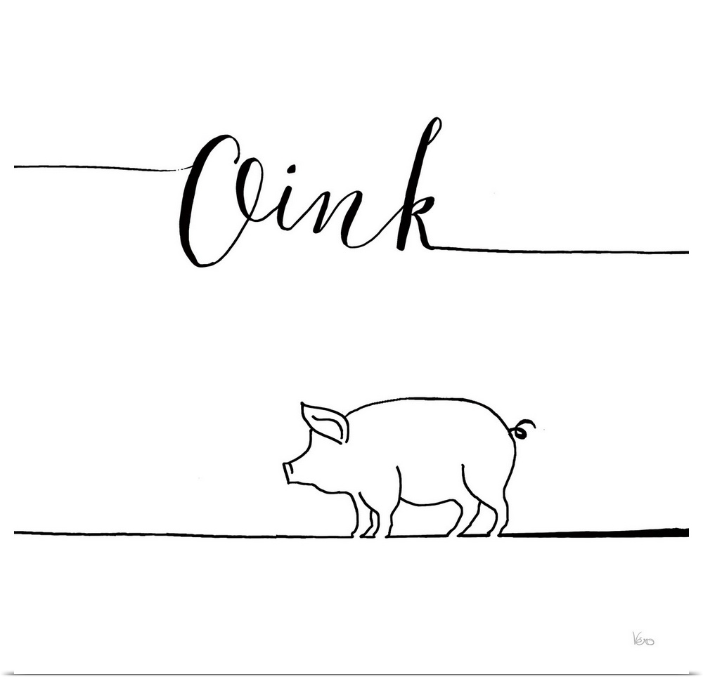 A simple black and white design of a pig with the text "Oink".