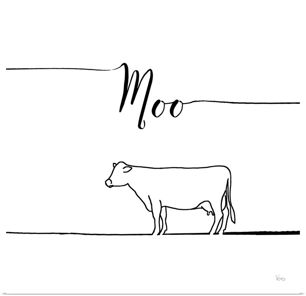 A simple black and white design of a cow with the text "Moo".