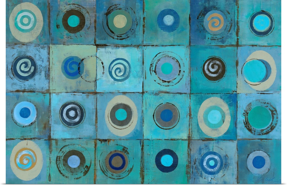 A decorative accent for the home or office this horizontal painting shows a grid of twenty-six circles and spiral shapes i...
