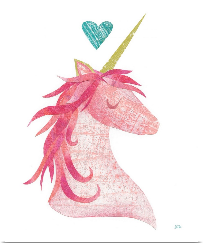 Whimsy cut and paste painting of a pink unicorn with a gold horn and a teal heart at the top.