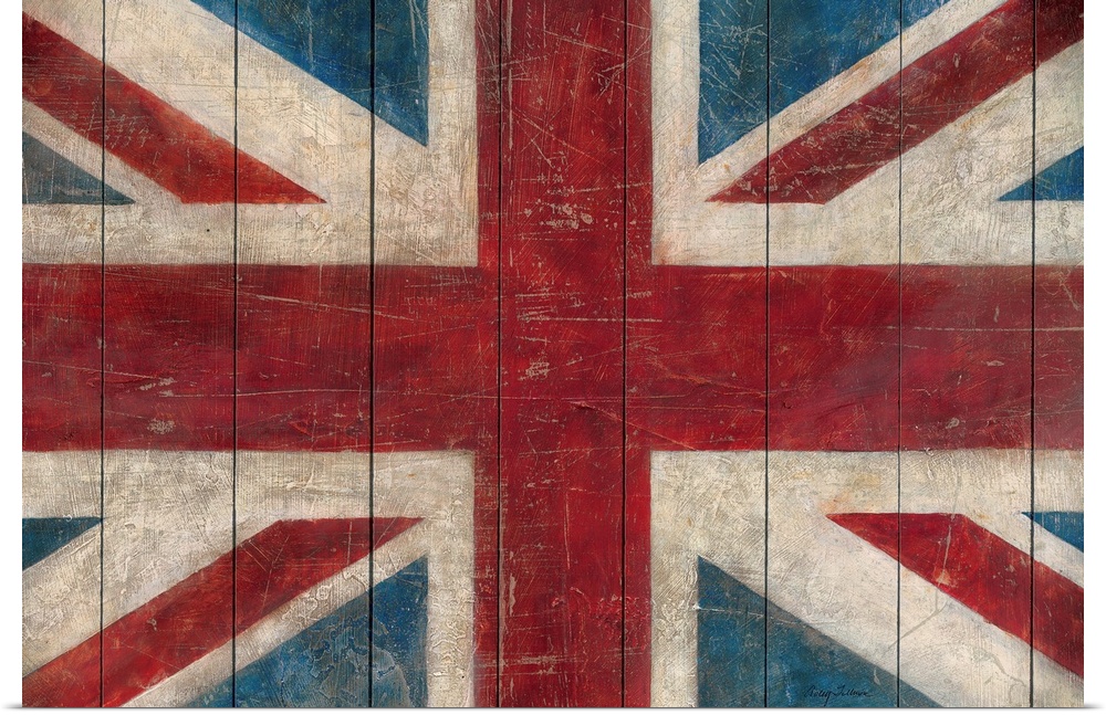 Decorative wall art of the national flag of the United Kingdom painted on wood panels that have a distressed and scratched...
