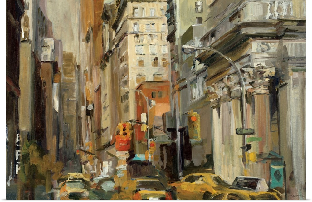 This painting captures the bustling city at street level as taxis slowly push up the streetos traffic.