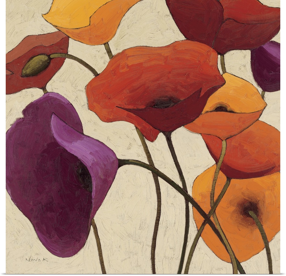 This decorative accent is a square contemporary painting of stylized poppy flowers against a neutral backdrop.