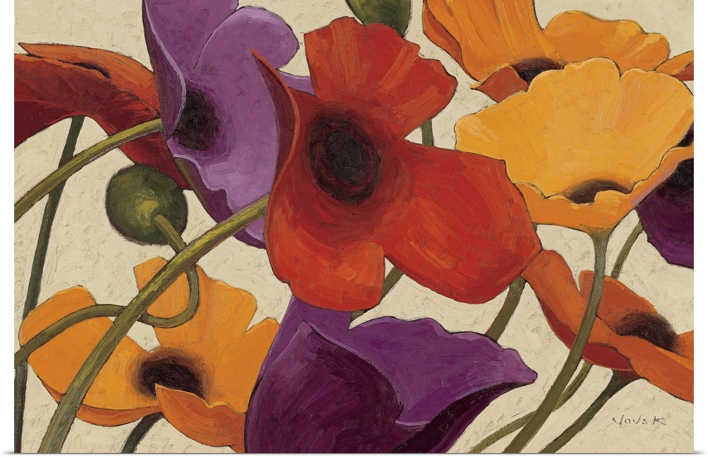 Painting of colorful poppy flowers intertwined with each other.