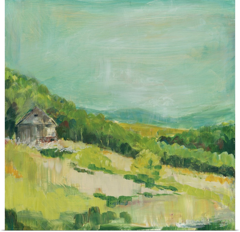 Contemporary painting of a small house on a hillside covered in green trees and grass.