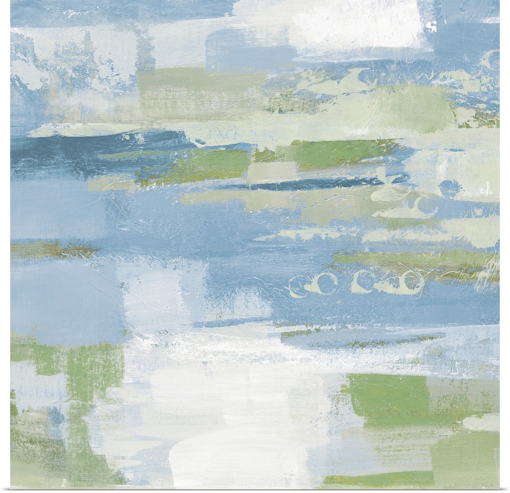 A square abstract painting of horizontal brush strokes in textured tones of blue, green and white.