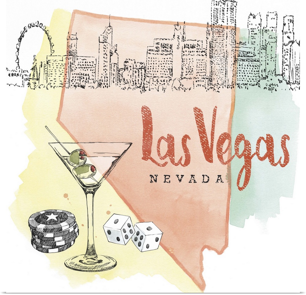 Square watercolor and ink illustration of a Las Vegas skyline with a martini glass, poker chips, dice, and a red outline o...