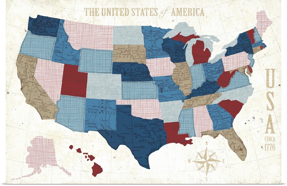 Contemporary art map of the United States of America in muted rustic colors against a weathered background.