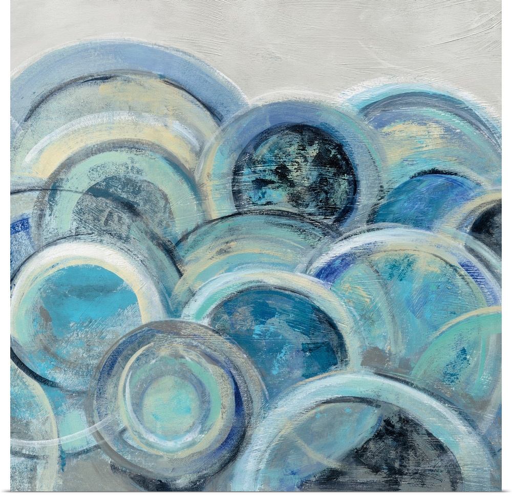 Abstract painting with circular shapes layered on top of each other in shades of blue with some yellow on a grey, square b...