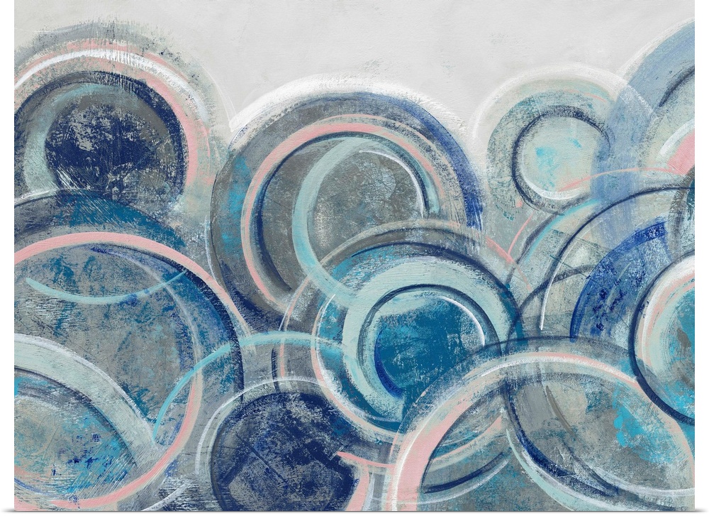 Contemporary abstract artwork featuring an array of blue circles over a light gray background.