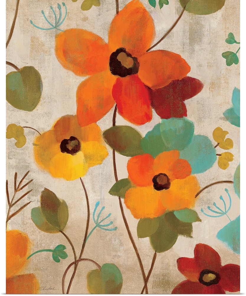 Vertical artwork on a large wall hanging of vibrant flowers on twisting vines of leaves, on a neutral background.