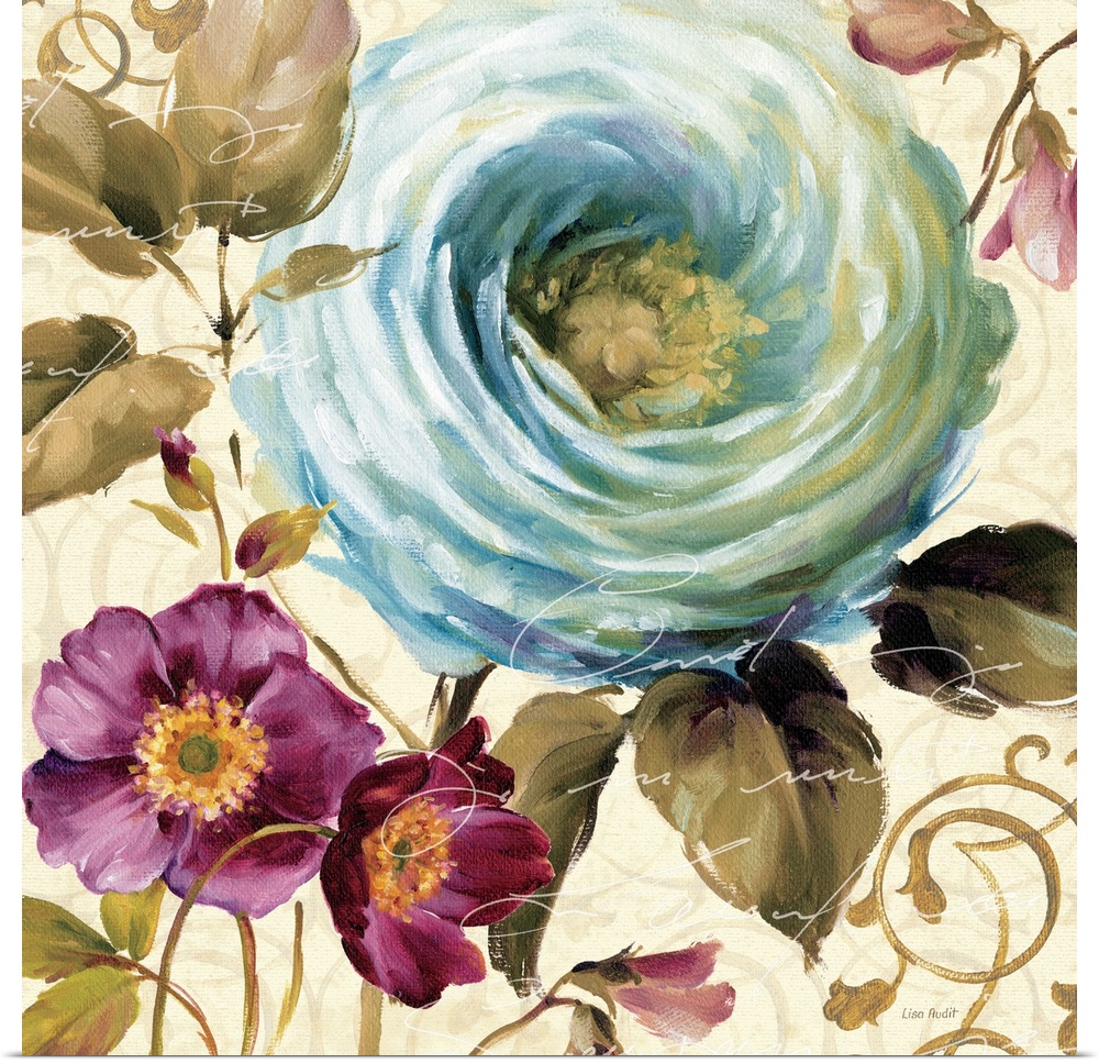Contemporary artwork of a close-up of a beautiful blue flower.