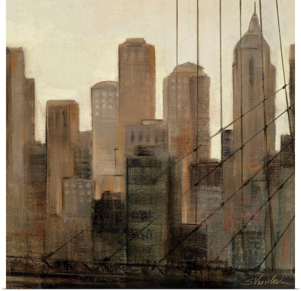 Contemporary painting of the New York Skyline as seen from the Brooklyn Bridge in neutral colors.