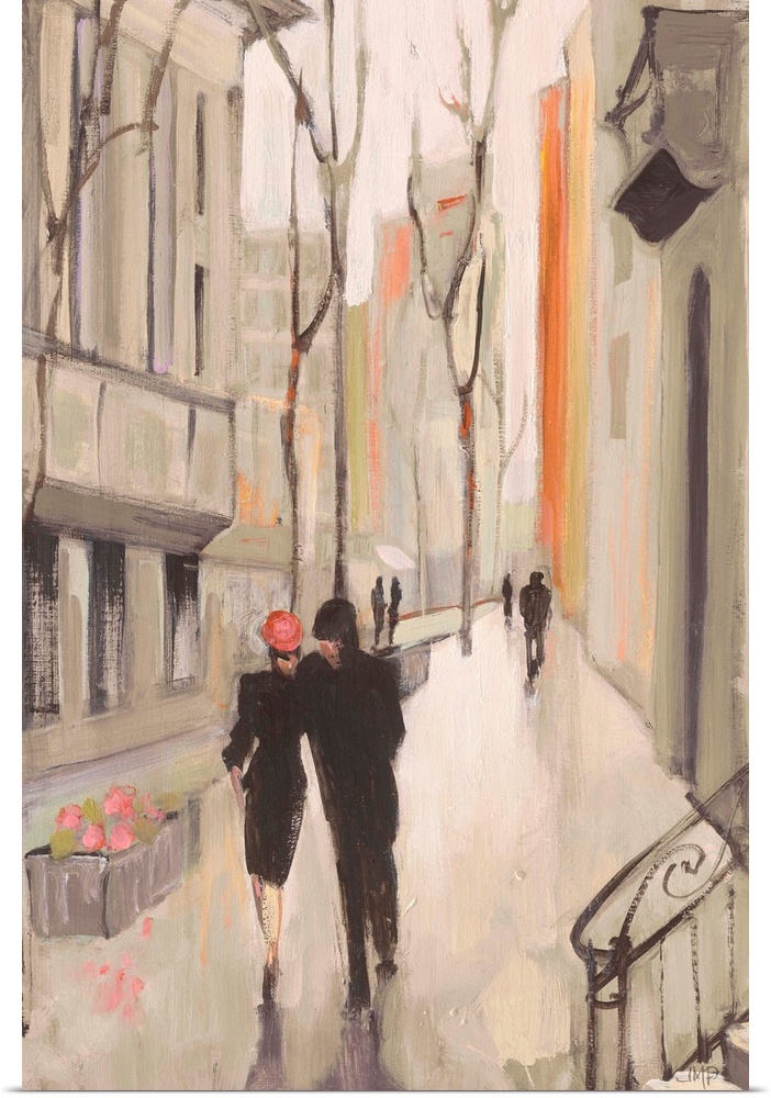 Contemporary painting of a couple walking side by side down a neighborhood sidewalk.