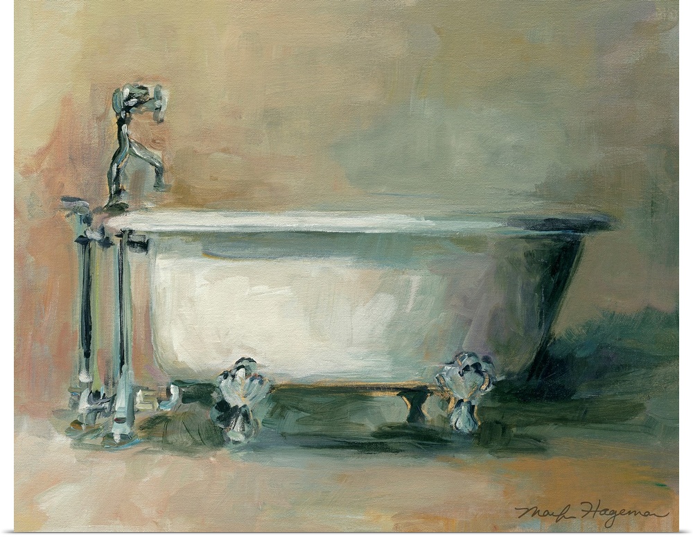 Classic painting of antique tub. Thick brush strokes oriented in every direction are visible.