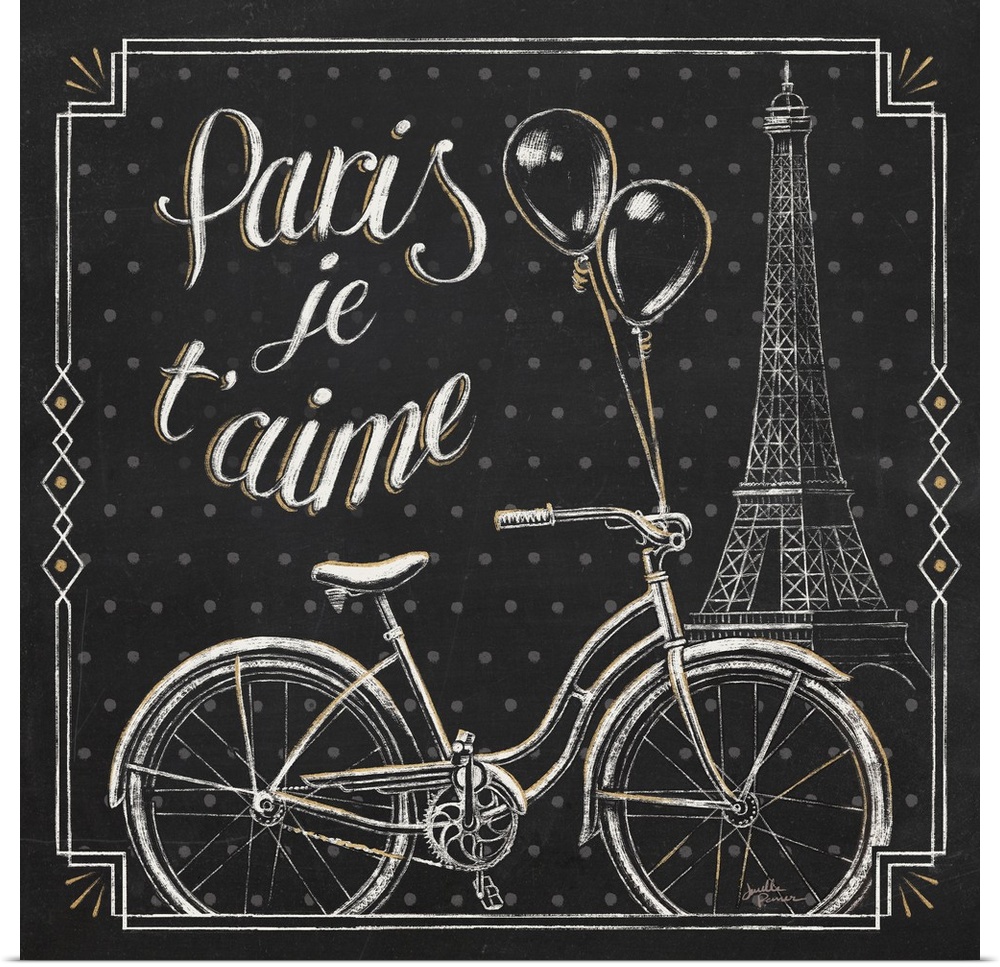 Square chalkboard sketch with the phrase "Paris Je T'aime" and an illustration of the Eiffel Tower and a bicycle with ball...