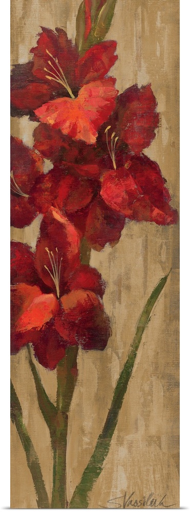 Large flowers are painted on a thin vertical piece with a neutral background.