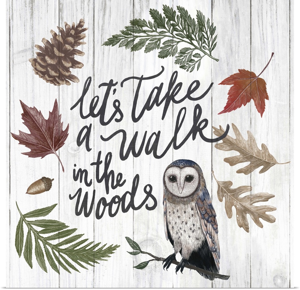 Handlettered text with painted leaves and a barn owl.