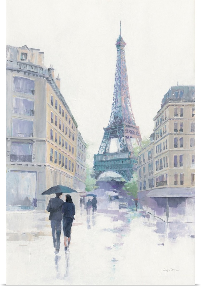 Contemporary artwork featuring soft romantic hues of a Parisian scene.