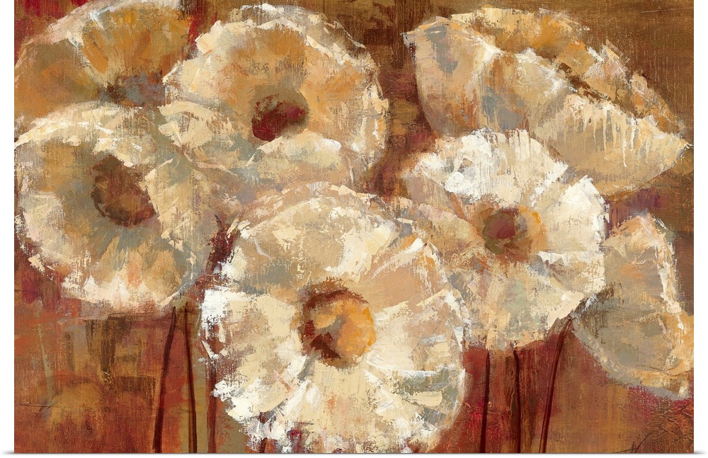 A horizontal painting of abstract flowers; the petals are defined by high lights and shadows created with layers and bold ...
