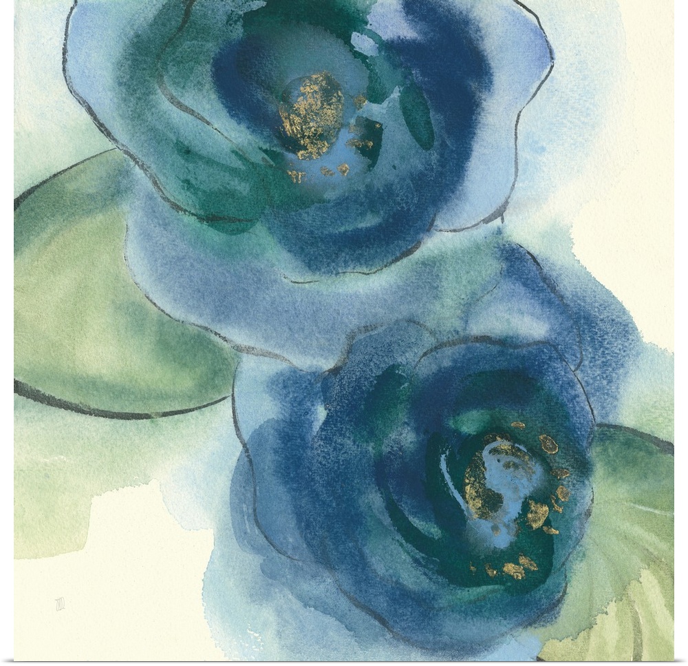 Square painting of two poppy flowers made with blue and green tones on a white background with watercolor stains.