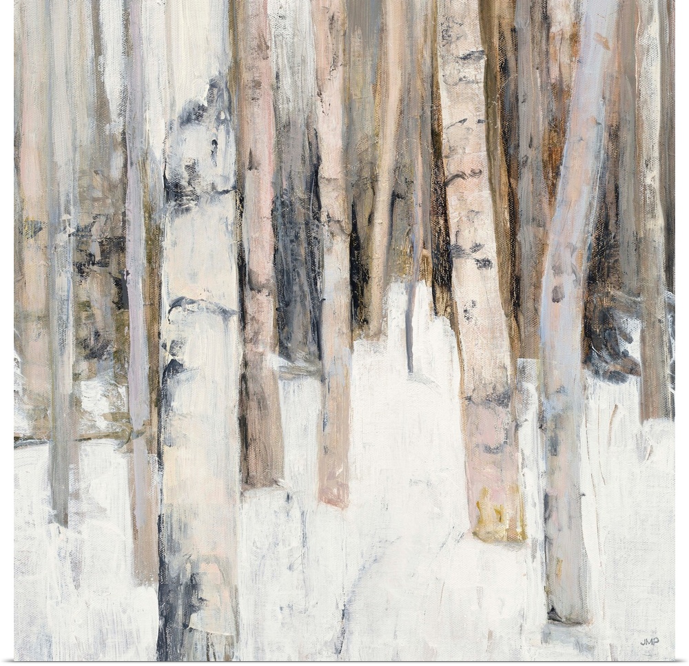 Square abstract painting of birch trees in the woods covered in snow with warm tones.