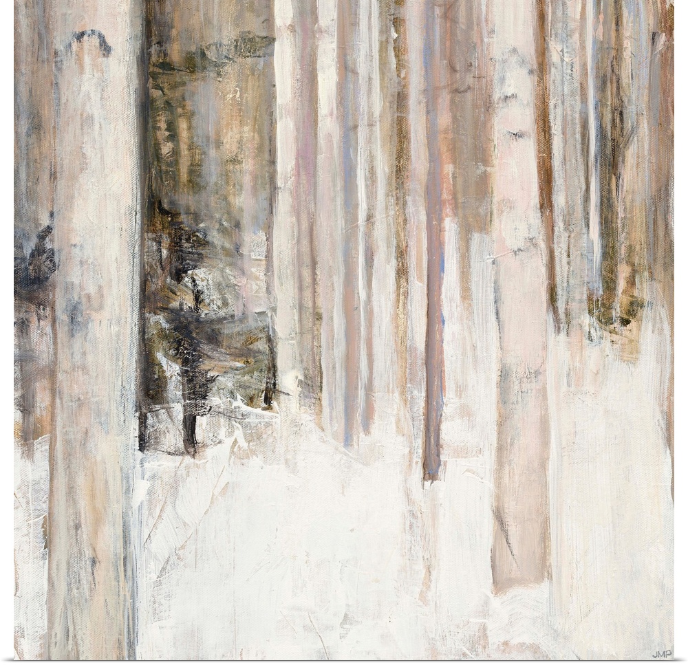 Square abstract painting of birch trees in the woods covered in snow with warm tones.