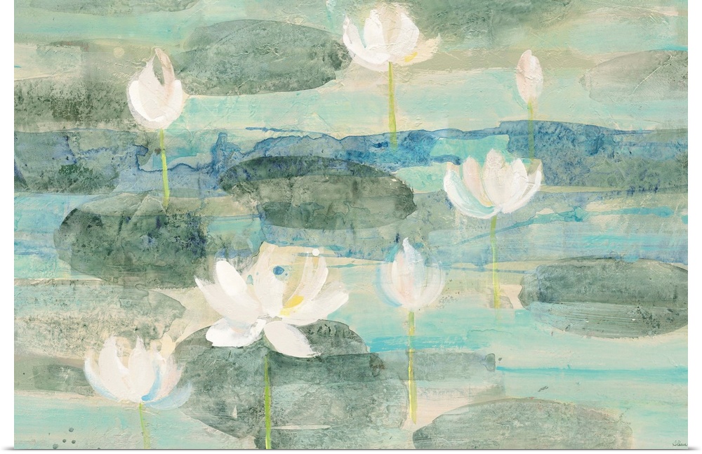 Large abstract painting of white lilies and green lily pads floating in water made with shades of blue.