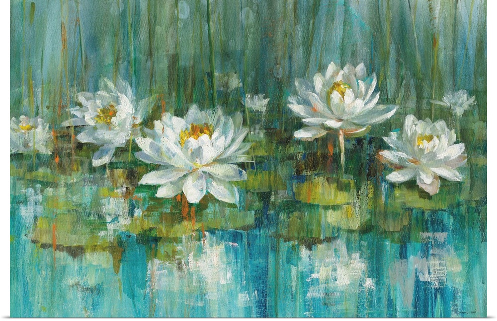 Contemporary abstract painting of water lilies in a pond with beautiful blue and green hues.
