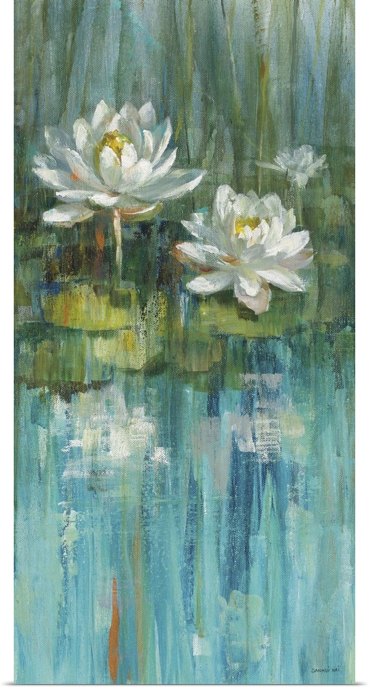 Vertical contemporary abstract painting of white lilies on green lily pads in a blue pond.