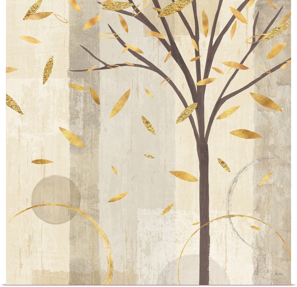Watercolor painting of a tree shedding metallic gold leaves on a background made with different shades of light browns.