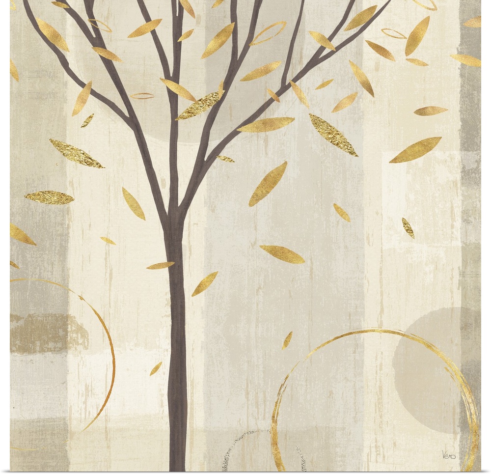 Watercolor painting of a tree shedding metallic gold leaves on a background made with different shades of light browns.