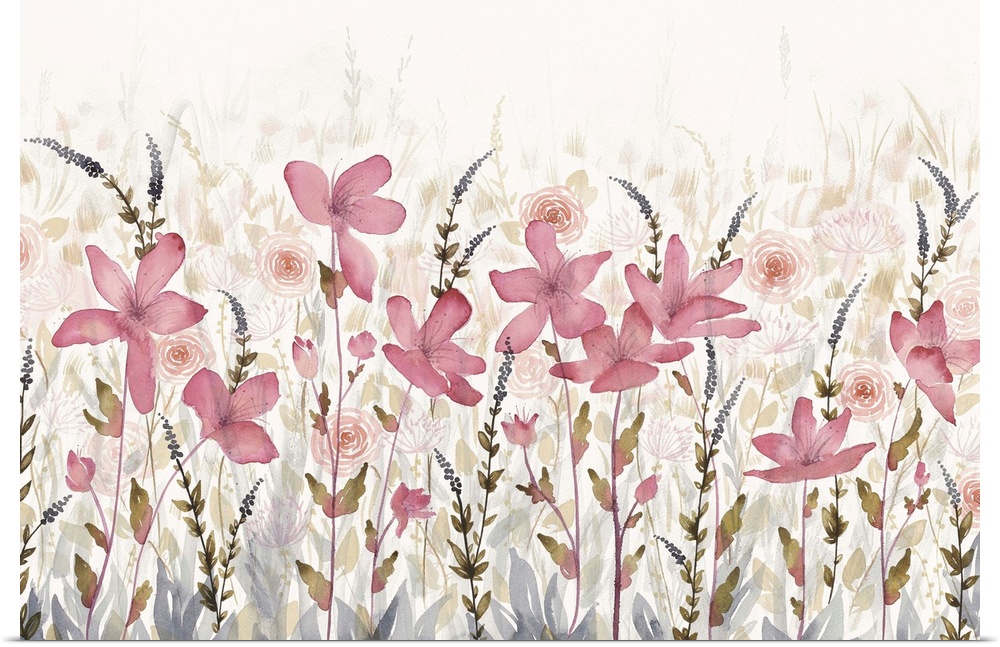 Large horizontal watercolor of a field of pink flowers which faded into the background.