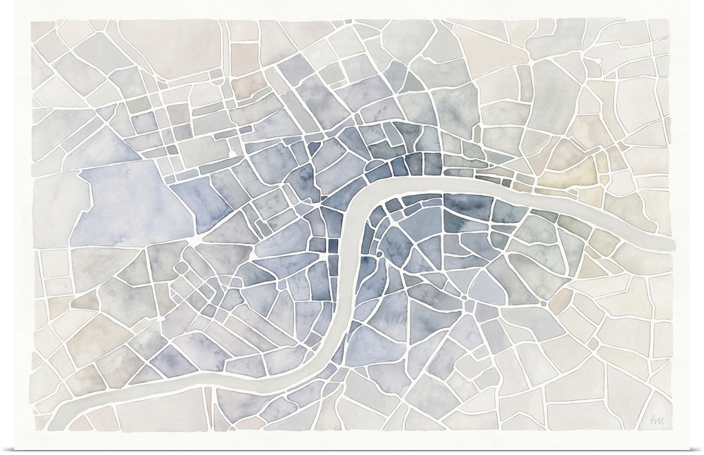A muted watercolor painting of an aerial view of the Thames river through the city of London.