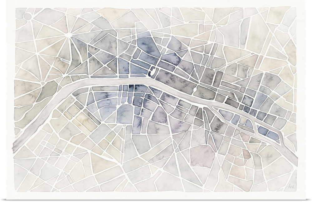 A muted watercolor painting of an aerial view of the Seine river through the city of Paris.